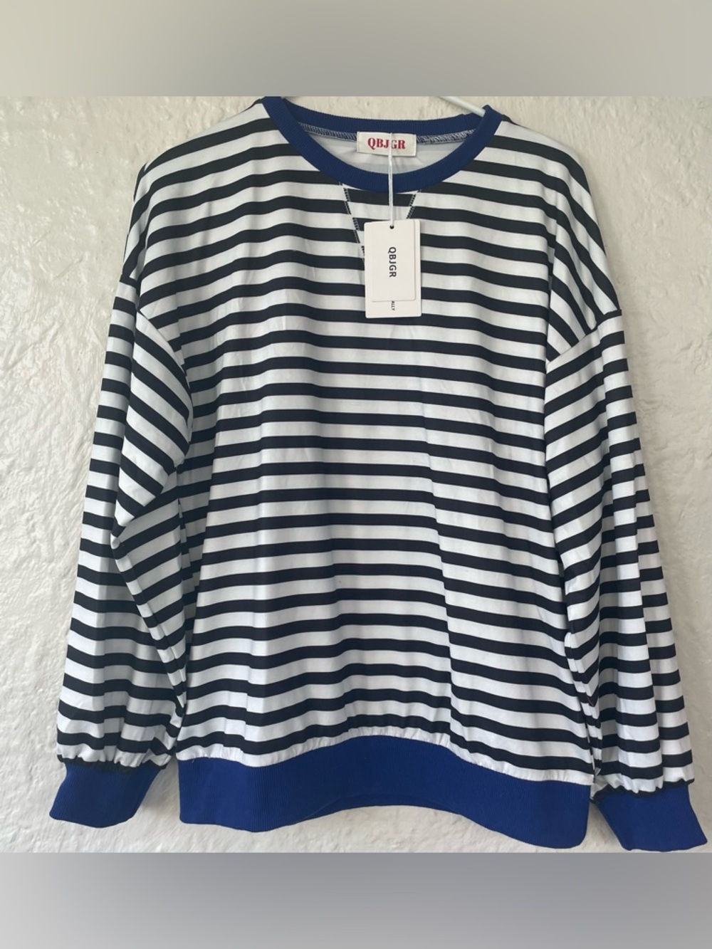 NWT QBJGR Y2K striped oversized crewneck color block blue striped sweatshirt; S